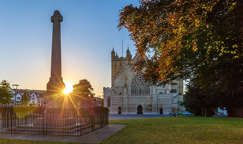 Exeter Cathedral at sunset